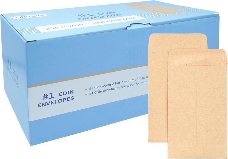 Officeva Budgenix #1 1000 Pcs Small Coin Envelopes 2.25" x 3.5" with Gummed Flap, Brown Kraft Mini Envelopes for Storing Seeds, Keys, Stamps, Tips and Small Items - Image 1